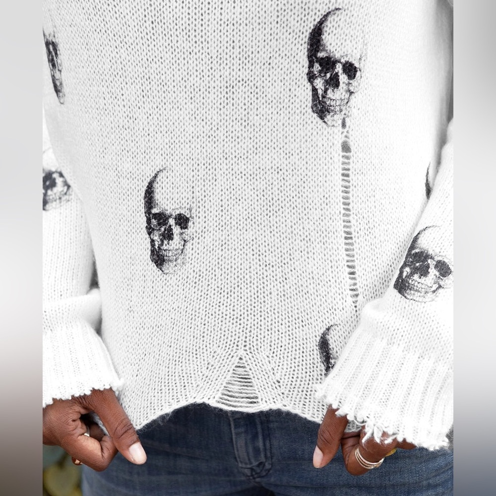 Wooden Ships Skull Printed Distressed Crewneck Sweater, Size XS/S, NWT - Picture 3 of 3